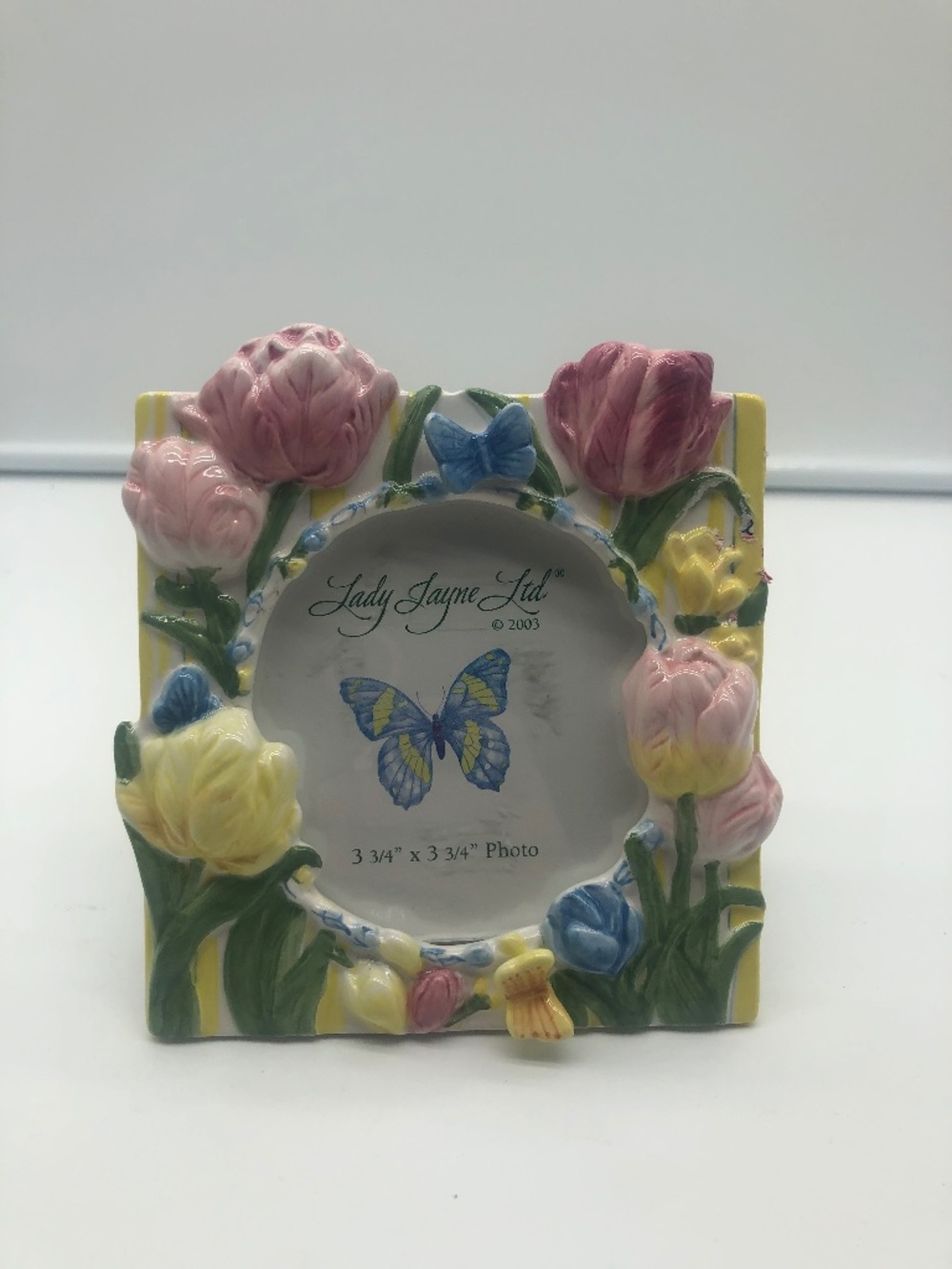 Lady Jayne Ltd. 2003 square photo frame roses, butterflies ceramic 3 3/4x3 3/4"